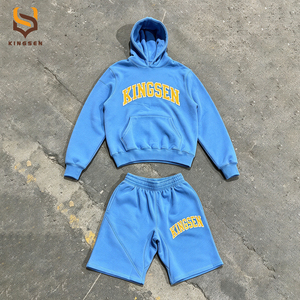 Custom Heavyweight <b>Mens</b> Vintage Acid Wash Hoodies Short <b>Set</b> Towel Chenille Embroidery Pullover Hoodie Two Piece Short <b>Set</b> - Product Image 3