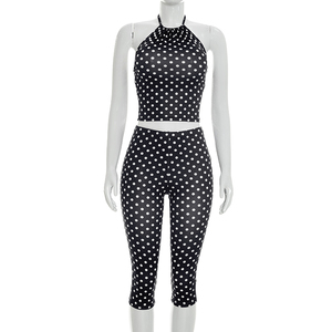 Viviblook D26ST222 Women <b>Set</b> <b>Sexy</b> Polka Dot Printed Drawstring Halter Tank Top Tight Fitting Cropped Pants Two Pieces <b>Set</b> - Product Image 2