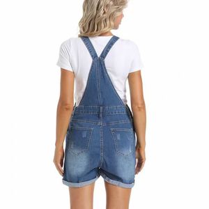 Overoles de mezclilla para mujer, de moda, casuales, de verano, transpirables, de poliéster sólido, de punto, de corte regular, por encima de la rodilla, con tirantes y dobladillo enrollado rasgado - Product Image 4