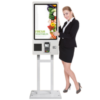 Kiosco de autoservicio para restaurantes con pantalla de 21.5, 23.8, 27 y 32 pulgadas, con soporte de pie, sistema Android/Windows, impresora, escáner y NFC.