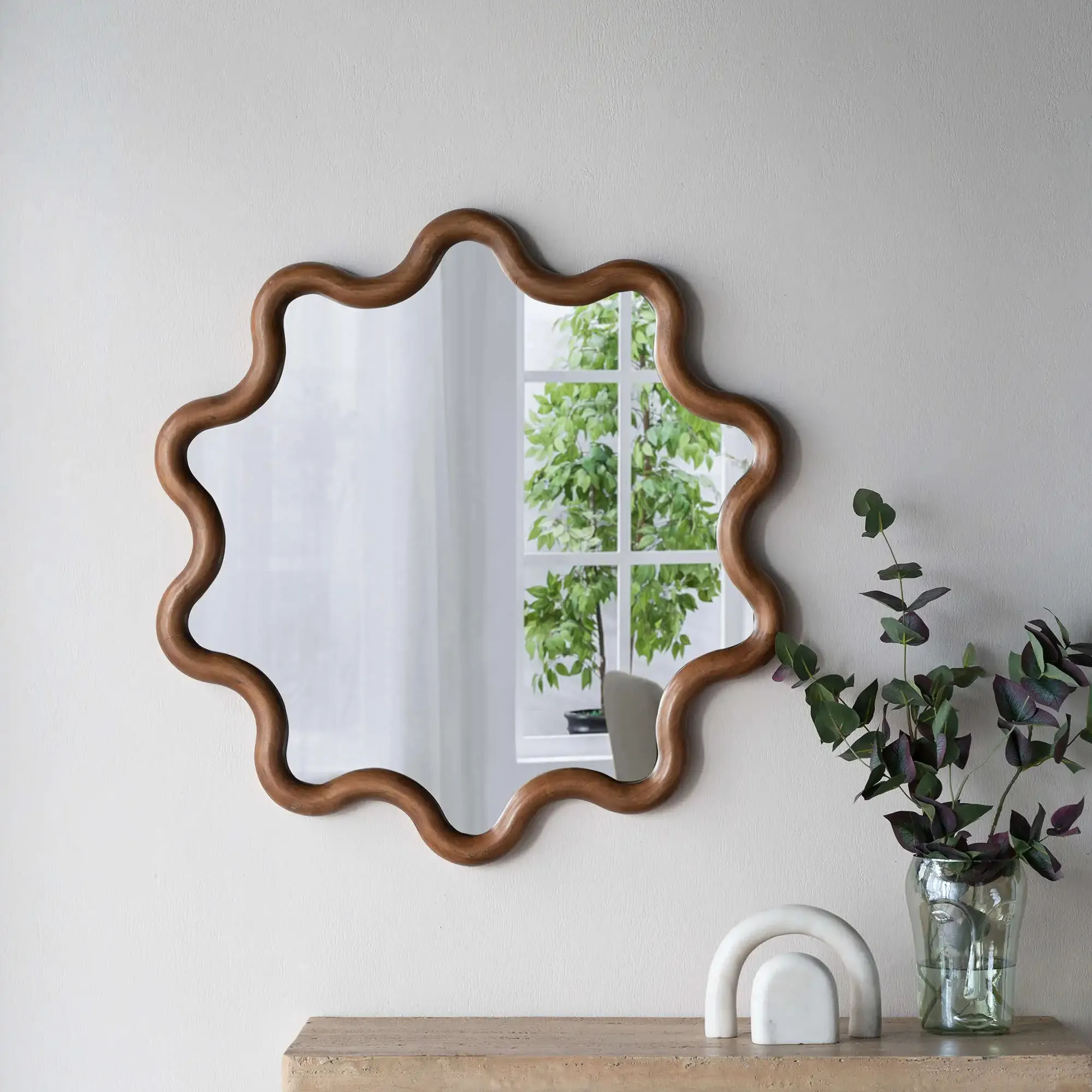 Sun shape solid wood frame bathroom living room modern normal wall mirror decorative mirror