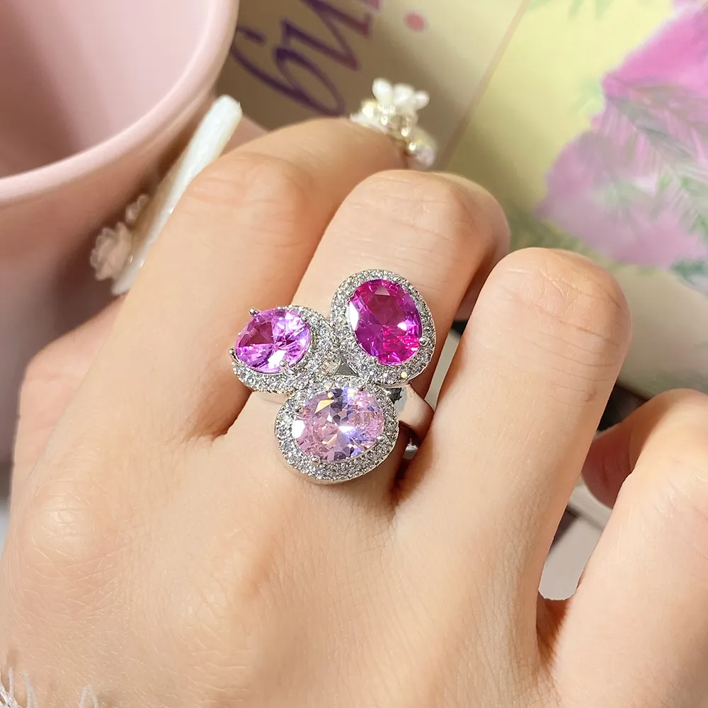 Thời Trang Đồ Trang Sức Solitaire Cocktail Nhẫn Màu Hồng Đá Hình Bầu Dục Cắt Zircon Cubic Zirconia Vòng