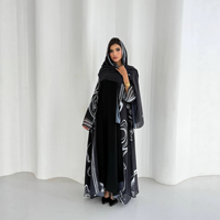 Abaya ouverte en polyester à imprimé géométrique noir et blanc élégante avec hijab, robe longue ample pour femmes, pour tous les jours, les fêtes et les occasions spéciales