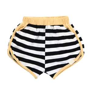 Wholesale Boutique Black with White Stripe Terry Cloth and Cotton Patchwork Fabric Summer Little Boy Wide-Leg Shorts