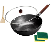 Wok de style chinois en fer forgé antiadhésif de 30 cm avec couvercles en verre et spatule