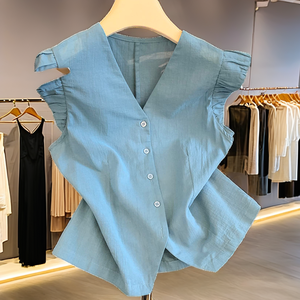 Blusa sin mangas con cuello en V de lino para mujer, con mangas fruncidas y botones, top informal de primavera y verano, color liso, corte regular - Product Image 2