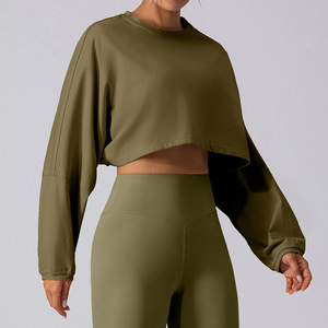 Scoop <b>Neck</b> Cropped Breathable Sportswear T-Shirt Base Shirt Yoga Running Loose Long Sleeved Women's Top with Front Logo - Product Image 5