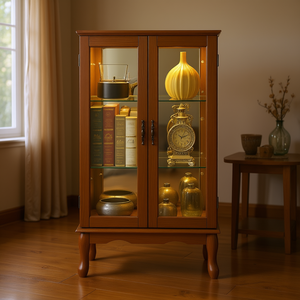 Vitrina de Roble con Estantes Ajustables, Panel Trasero con Espejo, Puertas de Vidrio Templado, Mueble para el Hogar de Estilo Antiguo - Product Image 2