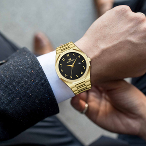 Luxury Gold <b>Watch</b> for Men Arabic Numeral Dial Brushed <b>Case</b> Quartz Wristwatch with Date Window Business Gift - Product Image 6