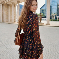 Robe Courte Tricotée à Col Montant Imprimé Floral 100% Polyester, Manches Bouffantes, Taille Empire, Silhouette Évasée, Tissu Respirant, Idéale pour l'Été