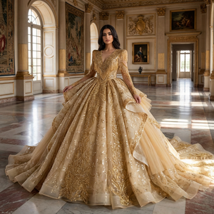 ชุดราตรีงาน Quinceanera รุ่น Xs232 สีทอง ประดับเลื่อม ลูกปัด และลูกไม้ สำหรับงานเลี้ยงตอนเย็น หรือสำหรับคุณแม่เจ้าสาว - Product Image 1