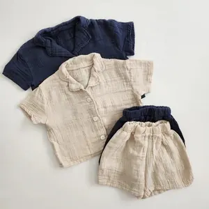 2024夏季童装婴儿男童套装学步平纹棉衬衫和短裤套装