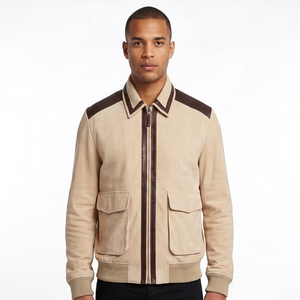Wholesale Men Genuine <b>Leather</b> Shell Eco-Friendly Windproof Vintage <b>Suede</b> Bomber <b>Jacket</b> for Beige <b>Leather</b> Trimmed Custom Flight - Product Image 1