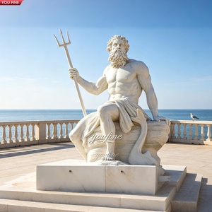 YOUFINE Statua di Poseidone Seduto in Marmo Bianco Naturale, Tridente Intagliato a Mano, Scultura in Pietra del Dio Greco del Mare per Piazze Culturali - Product Image 2