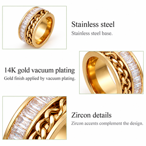 แหวนลายโซ่ สแตนเลสสตีล ชุบทอง 14K แบบสุญญากาศ ประดับเพชรซิร์คอน วงกว้าง พร้อมแถบโซ่และแถบเพชรซิร์คอนทรงบาแกตต์ใส - Product Image 2