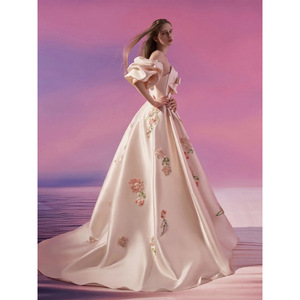 French Style Strapless Wedding Dress Pink Satin Floral Ball Gown Off The Shoulder Train - Product Image 2