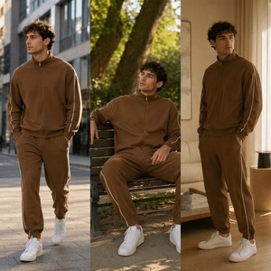 Ensemble de survêtement décontracté 2 pièces pour homme, personnalisé, avec veste zippée intégrale à col montant en maille texturée marron, et pantalon de jogging à cordon de serrage avec passepoil contrastant, en tissu gaufré, OEM - Product Image 4