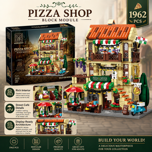 Ensemble de blocs de construction de restaurant de pizzas rétro européen, modèle de restaurant modulaire en vue de rue, jouet d'assemblage DIY pour les 8 ans et plus, unisexe - Product Image 6