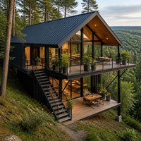 Maison modulaire contemporaine en conteneur avec structure en acier, grandes portes vitrées et plateforme sur le toit