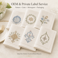 Serviettes en lin personnalisées en gros, serviettes de table brodées de style français avec bordure festonnée pour mariage, hôtel, restaurant