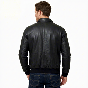 Blouson aviateur en cuir véritable noir pour homme avec poignets en tricot côtelé - Blouson d'hiver écologique, respirant, coupe-vent et confortable - Product Image 2