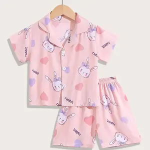 夏季短款儿童睡衣睡衣针织定制Pjs 100% 纯棉儿童卡通女孩睡衣