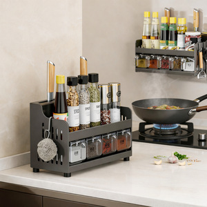 Étagère à épices de cuisine avec porte-couteaux, boîte de rangement en acier au carbone pour comptoir, installation sans perçage, multifonctionnelle pour condiments - Product Image 1