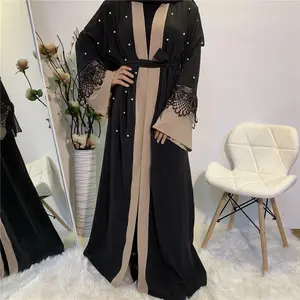 Siyah dikişli inci elbise ile tek bir yaka Patchwork elbise müslüman kadın elbise İslam giyim online