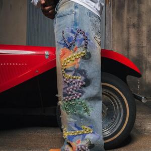 Jeans de Hombre Personalizados de Lujo, Estilo Vintage Lavado, con Estampado a Color y Pedrería, Estilo Urbano de Pierna Ancha, Personalizables - Product Image 1