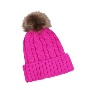 Cable Knit Pom Pom Hat Red Winter Warm Windproof Unisex Foldable 56-58CM Solid Color Twisted Pattern - Product Image 4