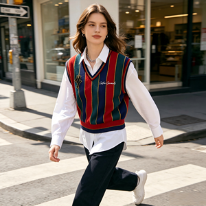 Factory Wholesale <b>Ladies</b> Vertical Striped Cotton <b>Knit</b> <b>Waistcoat</b> Custom Logo Embroidery High Quality Soft Knitwear Trendy Daily - Product Image 1