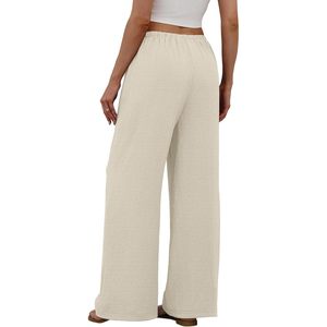 FOXA Women's Linen Palazzo Pants Wide Leg <b>Flowy</b> Beach Trousers Off White With Pockets Breathable Summer Wear - Product Image 5