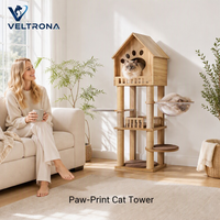 Mobilier d'escalade pour chat d'intérieur : Tour avec maison, motif empreinte de patte découpé, bol en acrylique et pilier en sisal, vente en gros