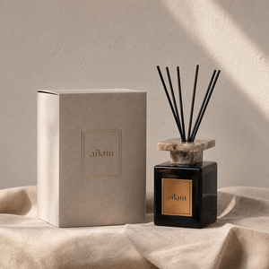 Aikun Brands Low MOQ Fast Turn Square Glass XL <b>Reed</b> <b>Diffuser</b> Set Gold Foil Label Beige Box Any Scent Long Lasting for Retail - Product Image 1