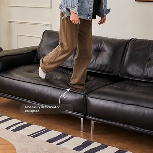 Mid-century French Retro Waxed Top Grain Leather Straight <b>Sofa</b> in <b>Black</b> for Small Living Room - Product Image 4