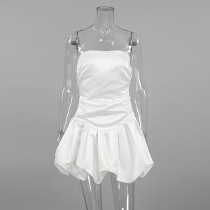 Été 2025 Loose Solid Satin Strapless Party Evening Wedding Women Dress Latest Sexy Off Shoulder Bouffant Mini Dress - Product Image 4