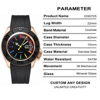 Montre de plongée automatique personnalisée en or rose pour homme, 42 mm, bracelet en cuir noir, marqueurs arc-en-ciel, lumineux, étanche 50 m, mécanique