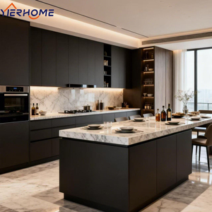 Armadi da <span class=keywords><strong>cucina</strong></span> moderni minimalisti a forma di U neri opachi con piano di lavoro bianco | Custom Design e integrazione di - Product Image 4