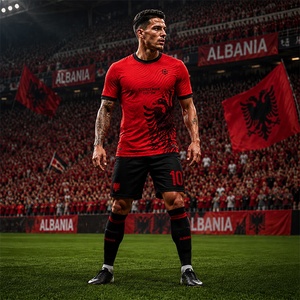 ชุดฟุตบอลเด็กแบบกำหนดเอง ลายธงชาติแอลเบเนีย เสื้อยืดและกางเกงขาสั้น - Product Image 1