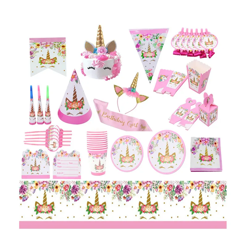 Kid birthday flower unicorn party tableware set unicorn disposable paper plates set