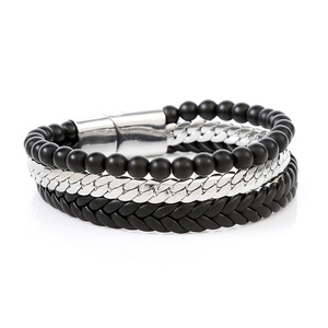 Braccialetto di perline di ossidiana in acciaio inossidabile ODM Pulsera de cuero per uomo bracciale in pelle intrecciata a mano in acciaio inossidabile per uomo - Product Image 1
