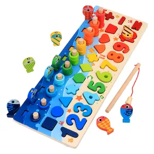 Монтессори Развивающая игра для укладки, Геометрическая подходящая доска, Детская математическая игрушка для рыбалки в океане, деревянная игрушка для рыбалки