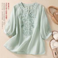 Chemisier décontracté en coton et lin brodé de fleurs pour femme, manches trois-quarts, col en V, couleur unie, coupe ample, haut pour mère