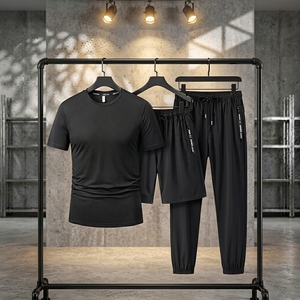 Completo Sportivo da Uomo Primaverile in Maglia di Poliestere Effetto <span class=keywords><strong>Seta</strong></span> Ghiaccio, 3 Pezzi: T-Shirt, Pantaloni Lunghi e Tuta Traspirante ad Asciugatura Rapida, Taglie Forti, Casual - Product Image 1