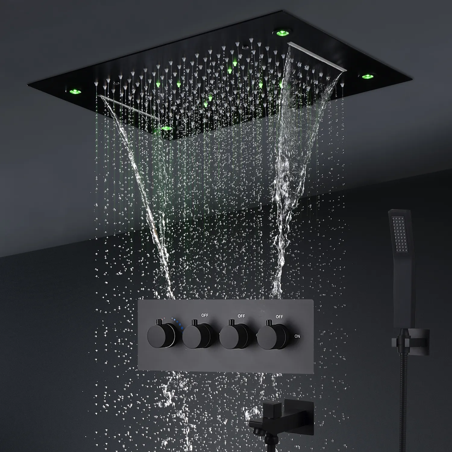 Yağış şelale LED duş başlığı paneli seti sıcaklık sıcaklık valfi mikser saptırıcı duş başlığı