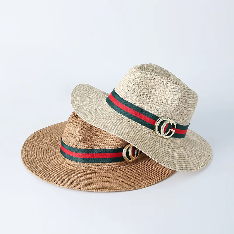 Women's Metal Buck Ribbon Decor Straw fedora hat Fashion Custom Simple Panama Cap Wholesale Summer Beach Sun Hat
