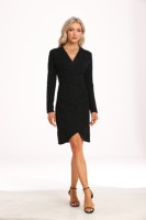 Robe fourreau élégante noire à sequins, manches longues, col en V, coupe ajustée, ourlet asymétrique, 100 % polyester