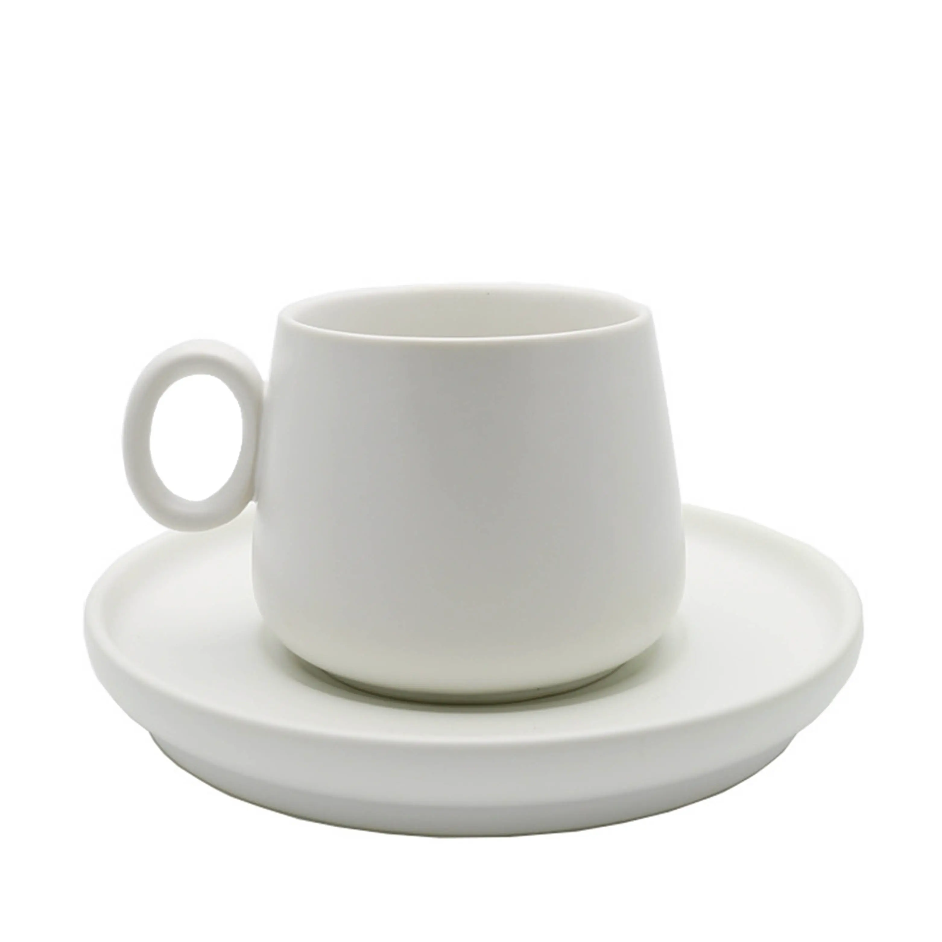 Caneca de viagem de café cerâmica simples personalizada, 300ml branco redondo com molhador
