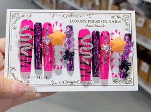 Ms.Miemie 10 <span class=keywords><strong>Uñas</strong></span> Postizas Hechas a Mano, Diseño <span class=keywords><strong>de</strong></span> Serpiente Plateada Larga, Estrella, Dibujos Animados, ABS, Cuadradas, Rojas, <span class=keywords><strong>Relieve</strong></span> Francés, <span class=keywords><strong>Uñas</strong></span> al por Mayor - Product Image 2