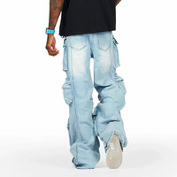 Fabricant de denim sur mesure, jeans cargo larges et amples pour hommes, bleu clair, multi-poches, ourlet zippé déchiré, streetwear, jeans cargo pour hommes